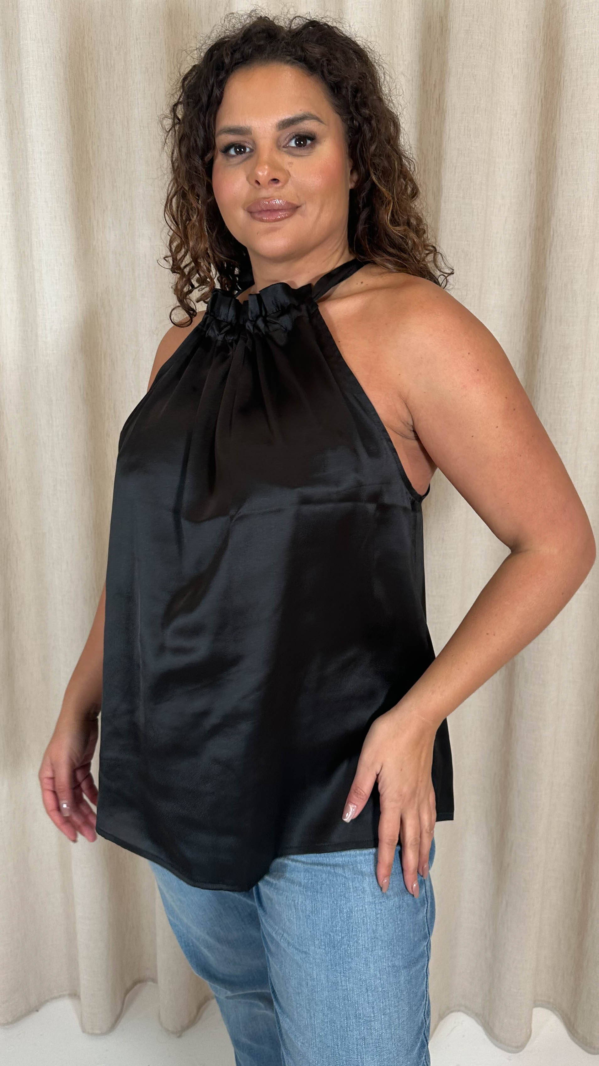 CurveWow Ruffle High Neck Tie Top Black
