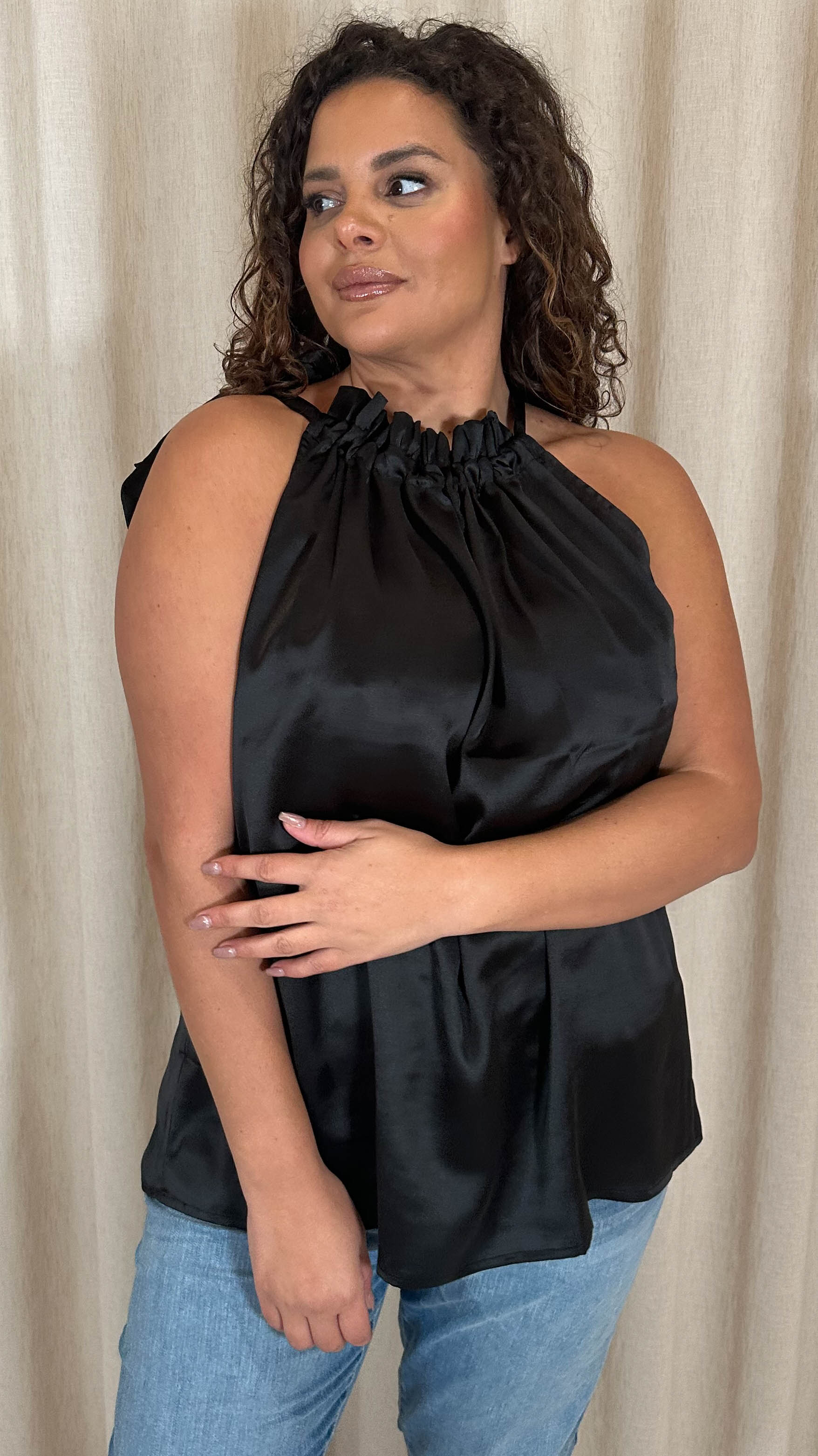 CurveWow Ruffle High Neck Tie Top Black