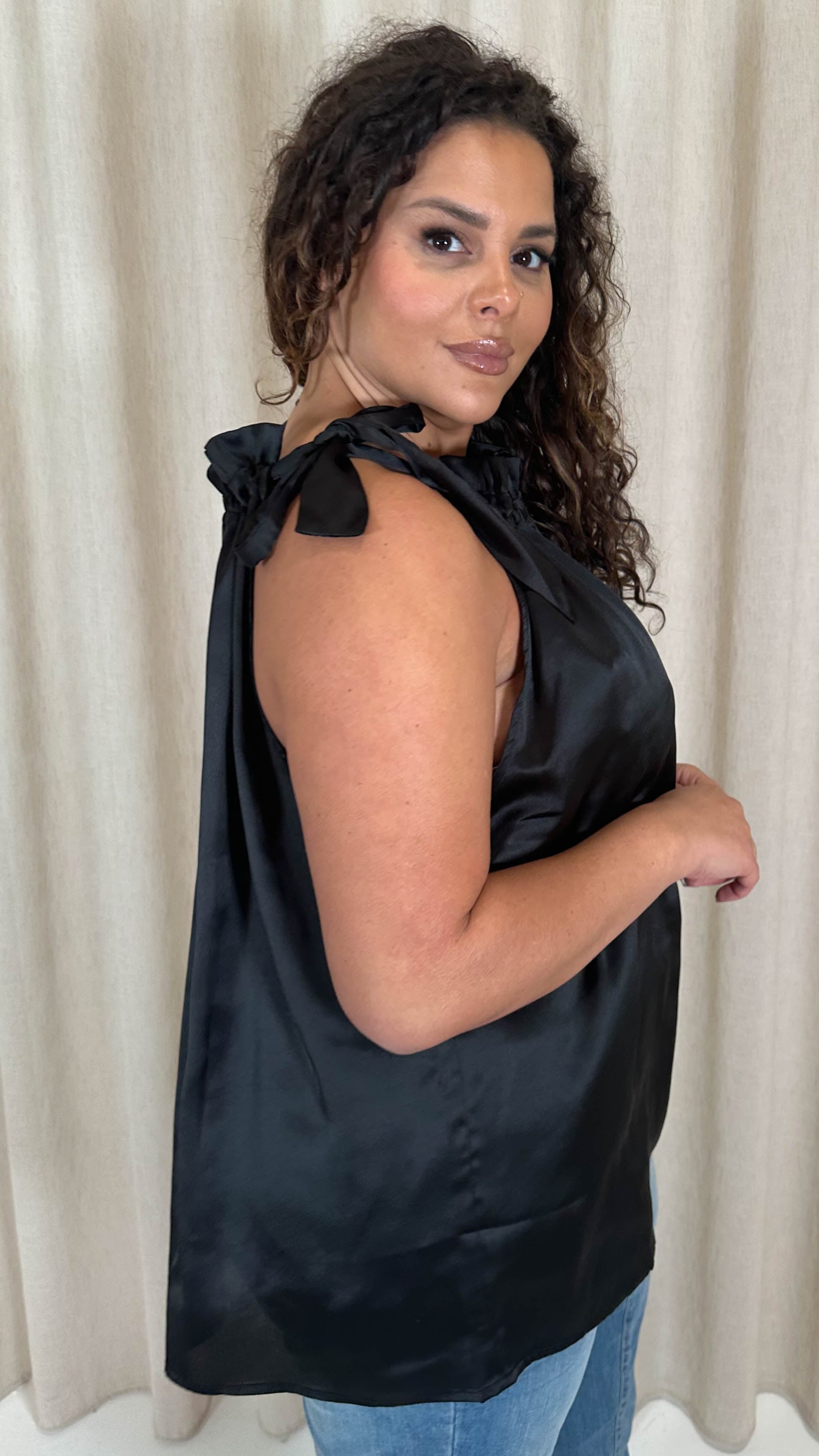 CurveWow Ruffle High Neck Tie Top Black