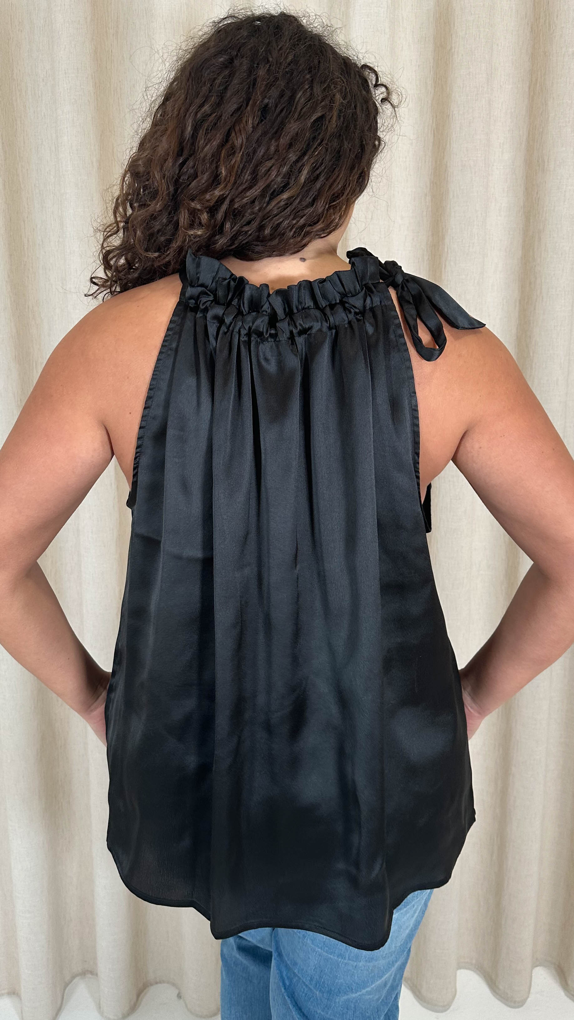 CurveWow Ruffle High Neck Tie Top Black