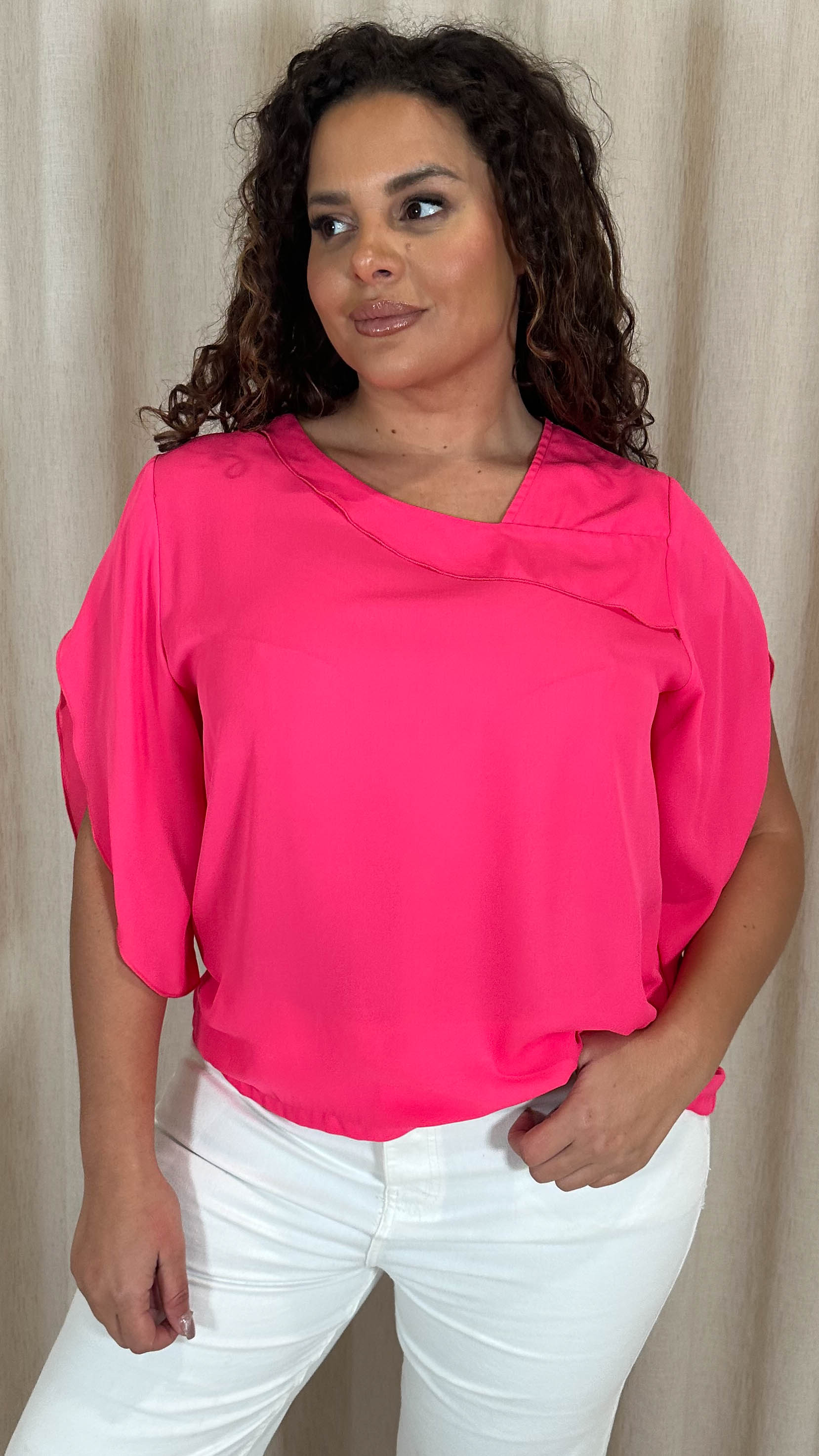 CurveWow Asymmetric Neck Top Fuchsia