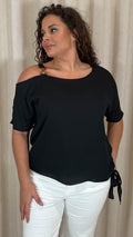 CurveWow Gold Shoulder Trim Tie Hem Top Black