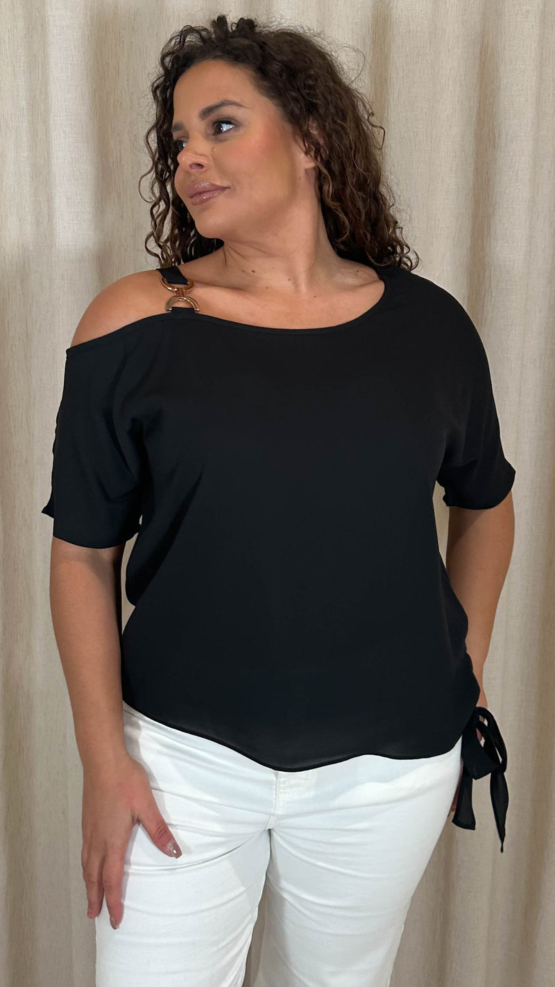 CurveWow Gold Shoulder Trim Tie Hem Top Black