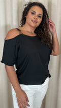 CurveWow Gold Shoulder Trim Tie Hem Top Black