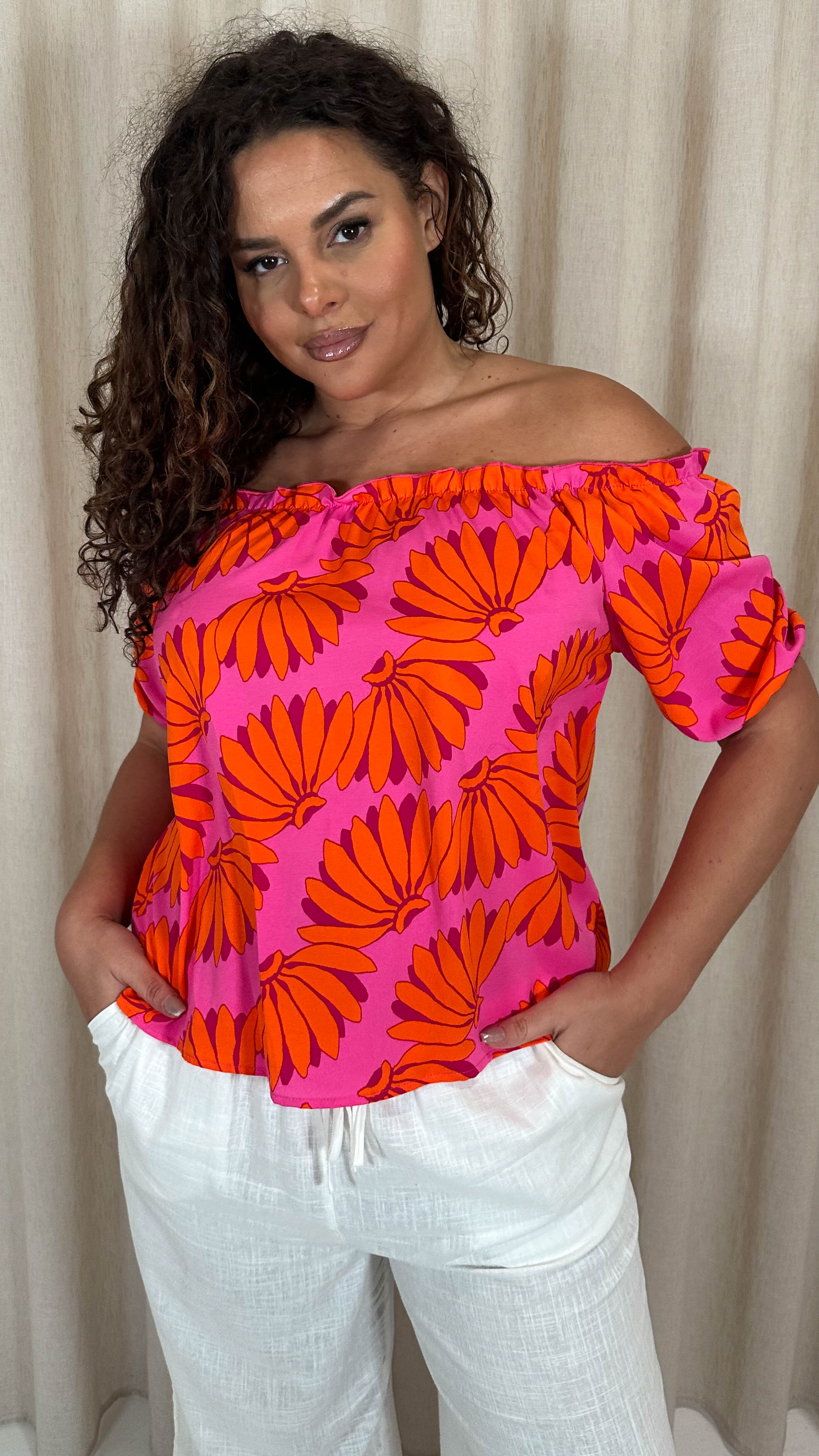 CurveWow Printed Bardot Top Orange Banana Print