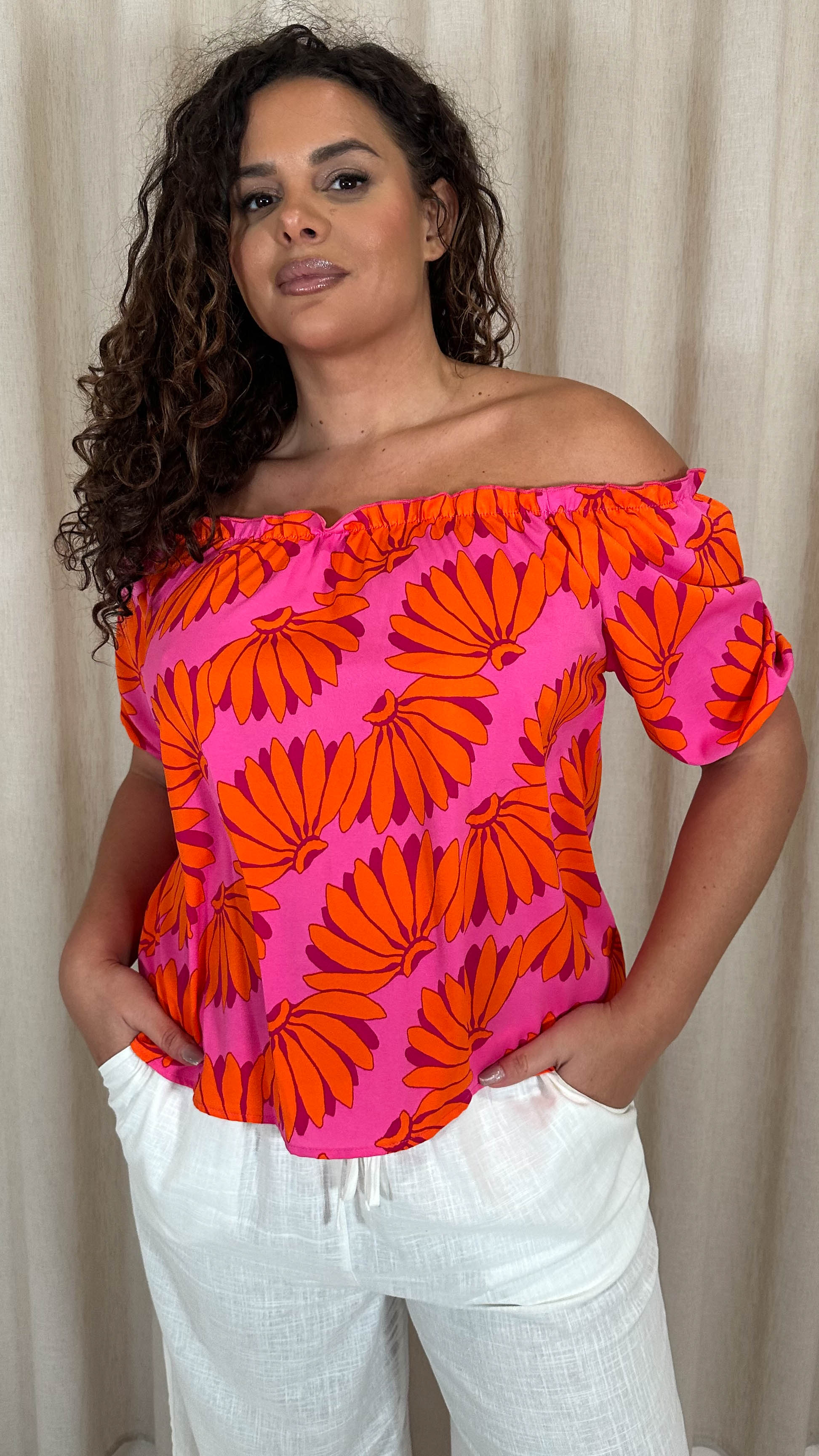 CurveWow Printed Bardot Top Orange Banana Print