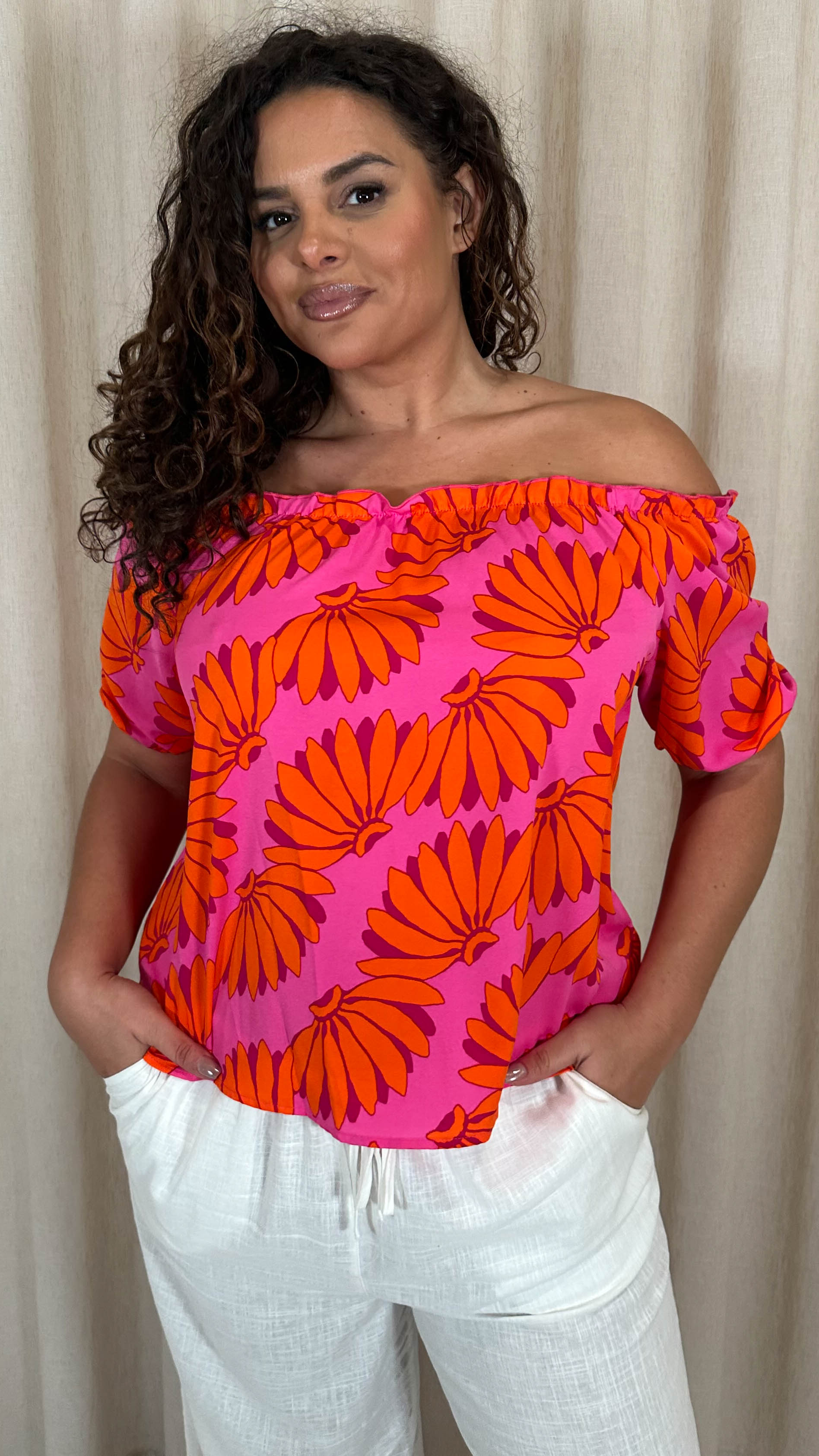 CurveWow Printed Bardot Top Orange Banana Print