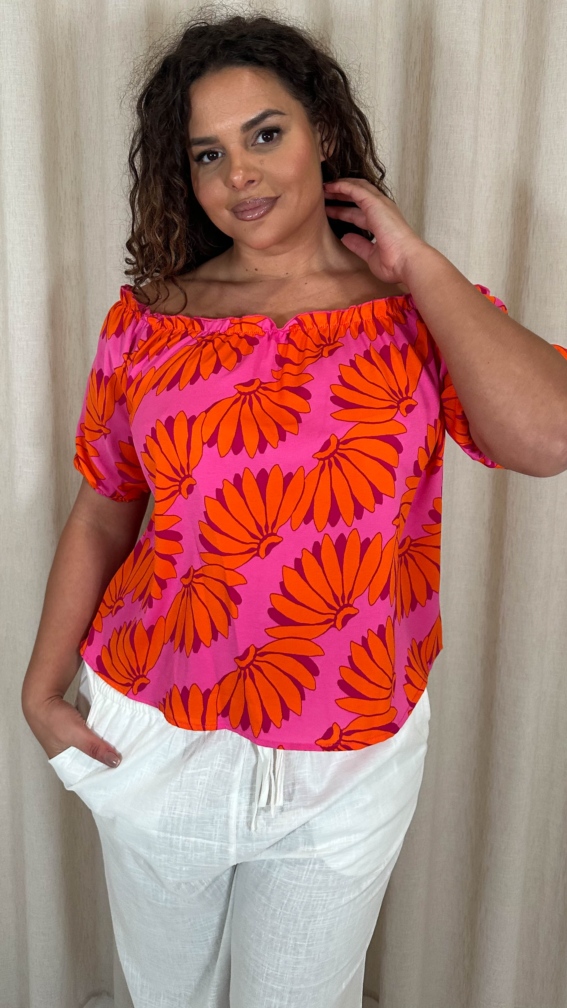 CurveWow Printed Bardot Top Orange Banana Print
