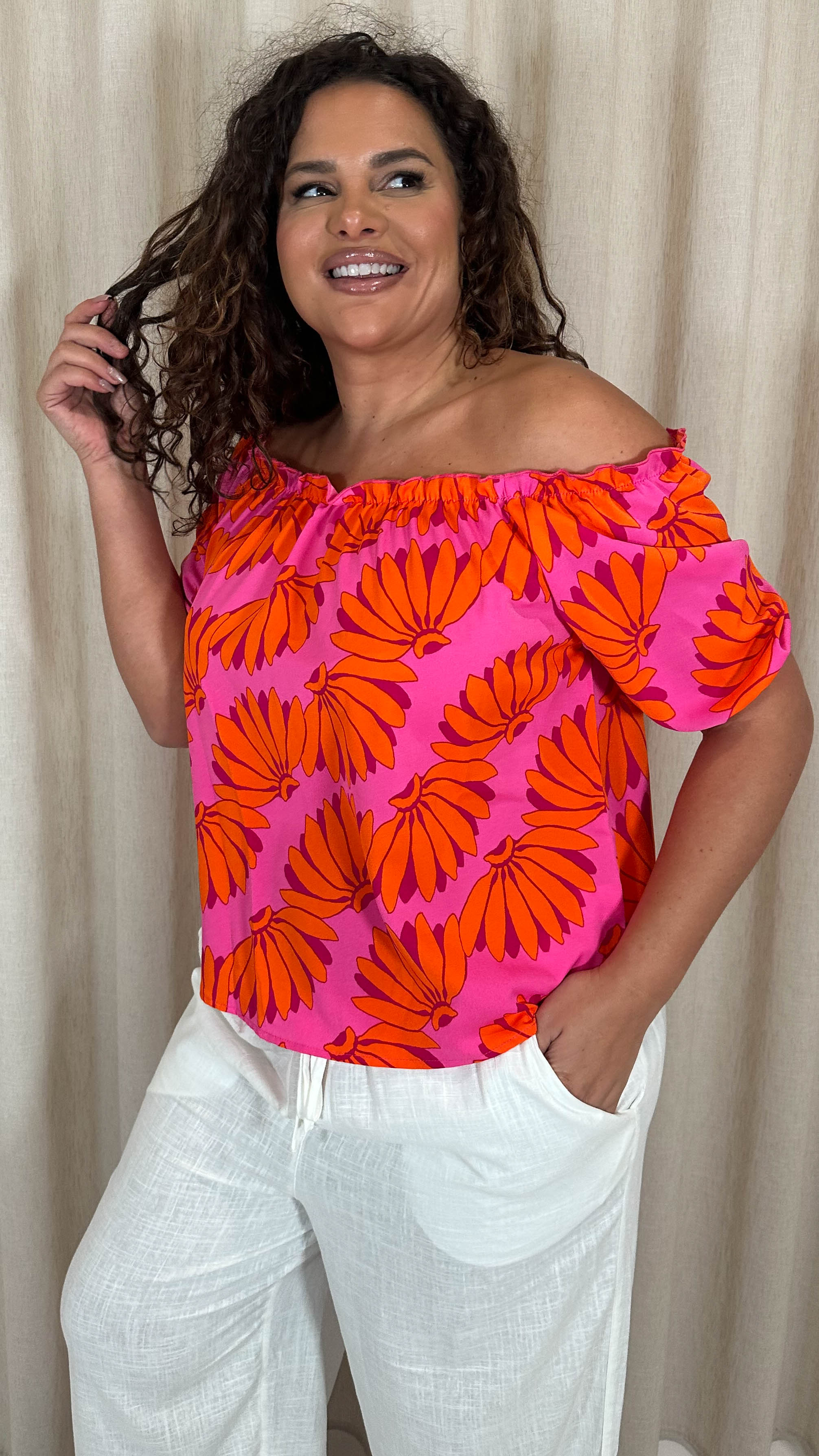 CurveWow Printed Bardot Top Orange Banana Print