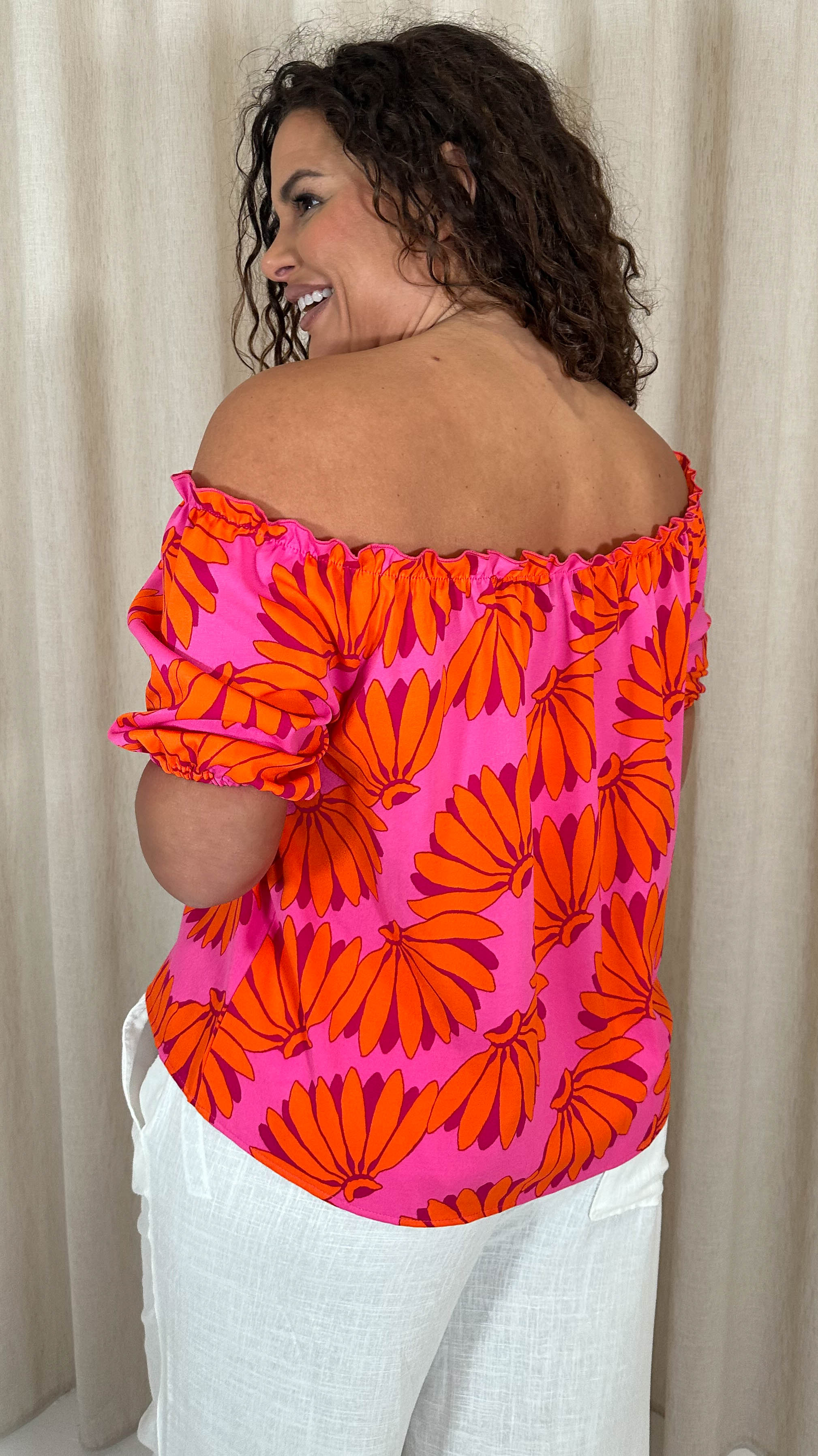 CurveWow Printed Bardot Top Orange Banana Print