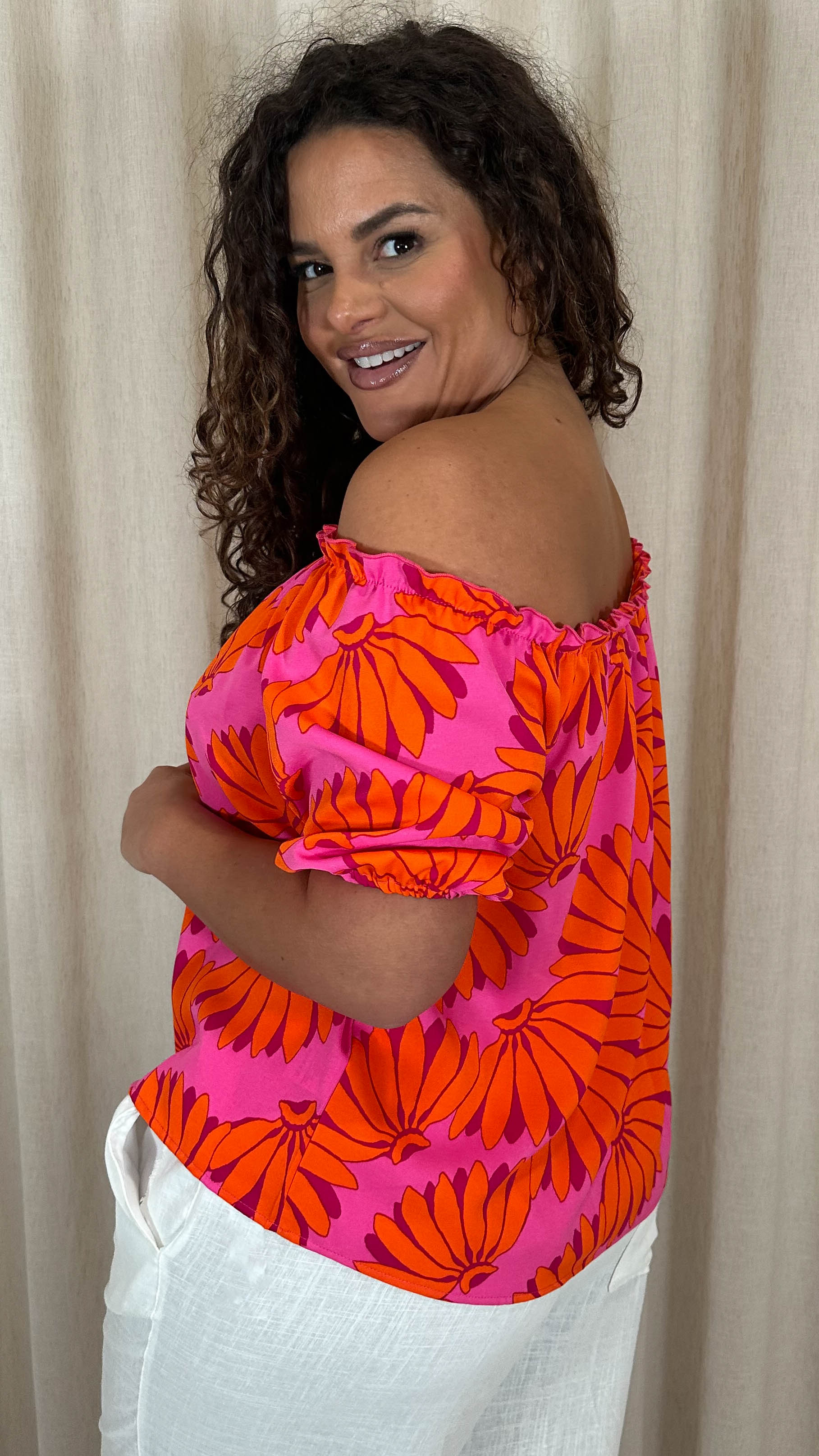 CurveWow Printed Bardot Top Orange Banana Print