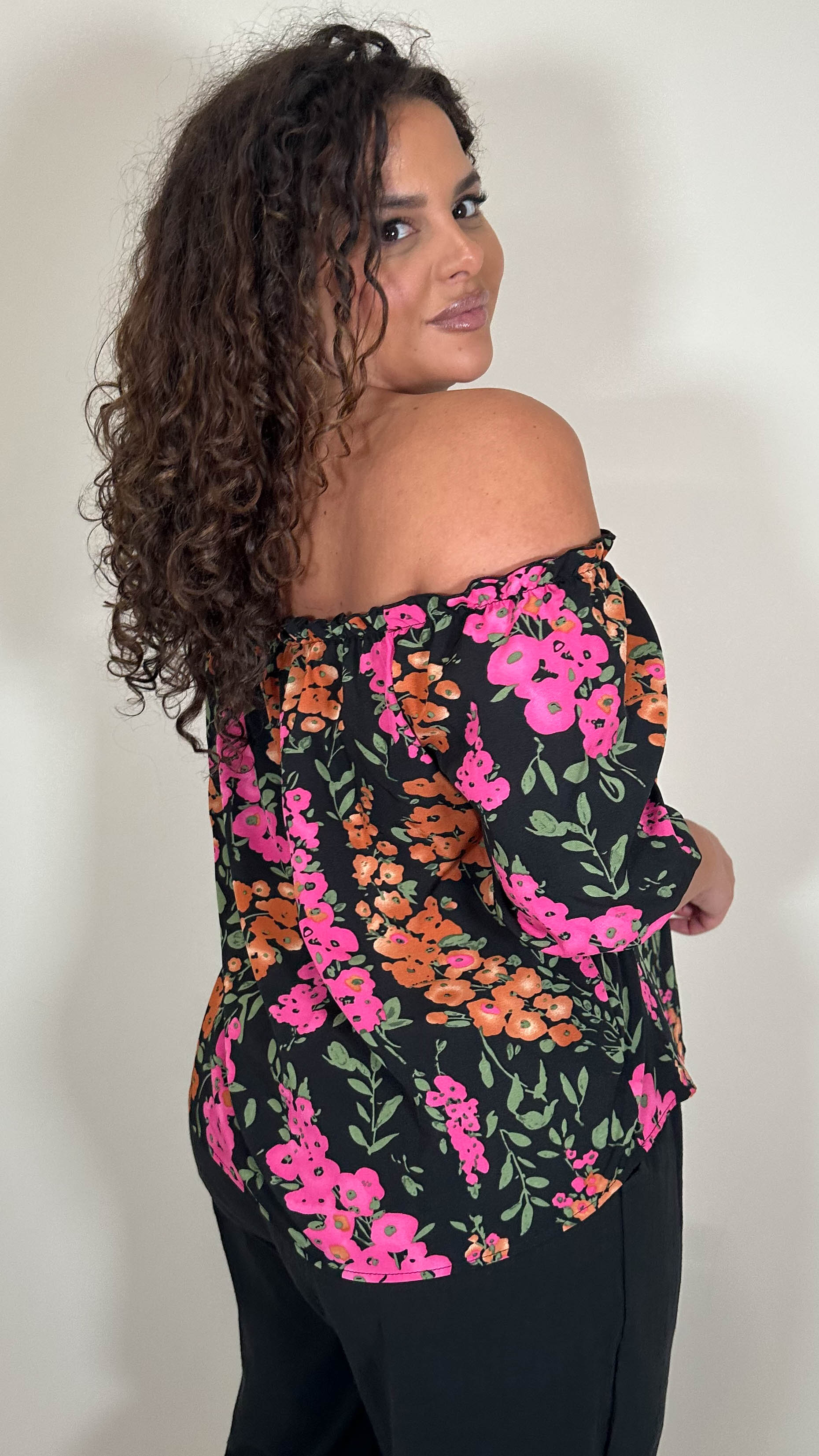 CurveWow Printed Bardot Top Black Floral