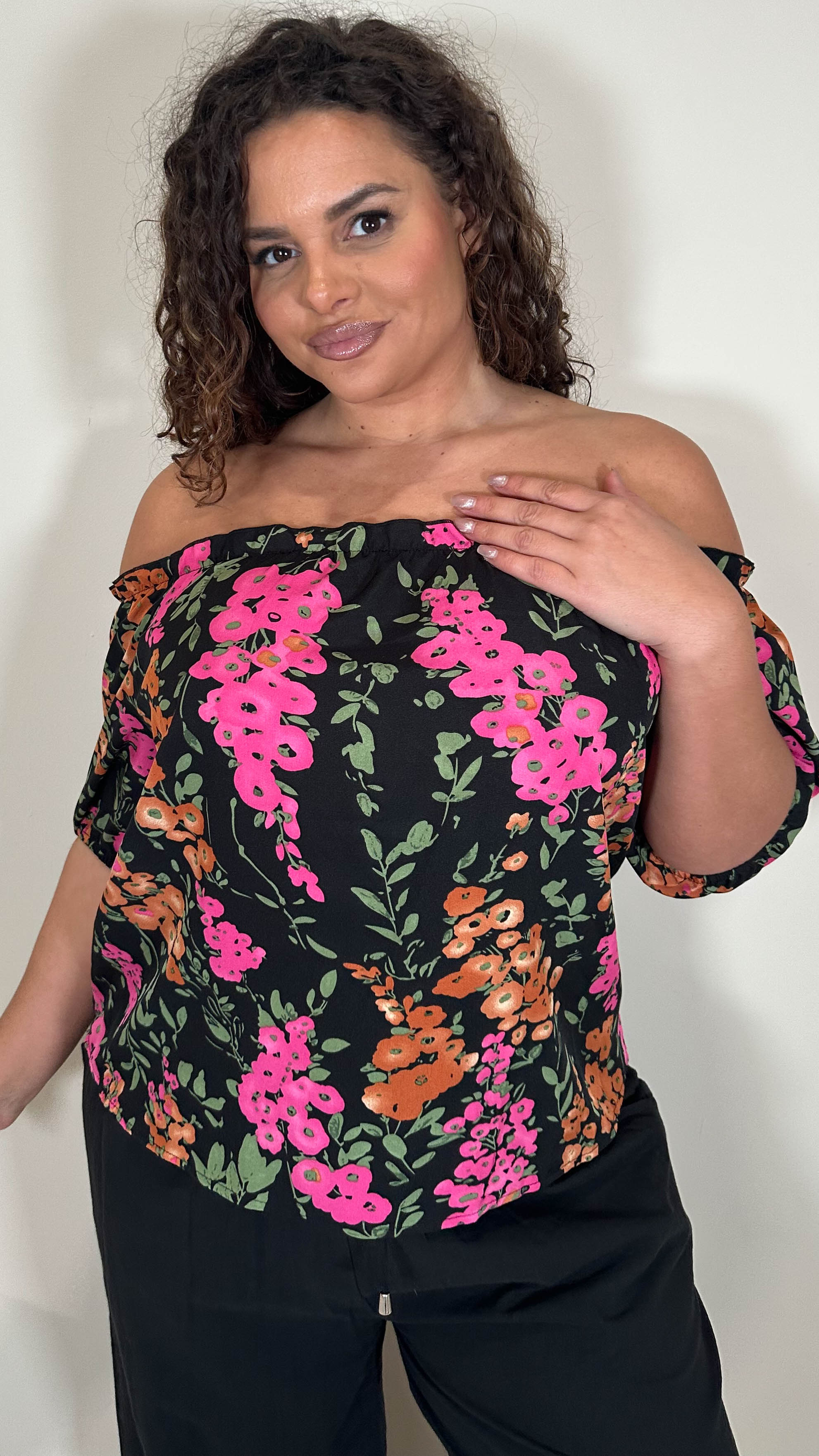 CurveWow Printed Bardot Top Black Floral
