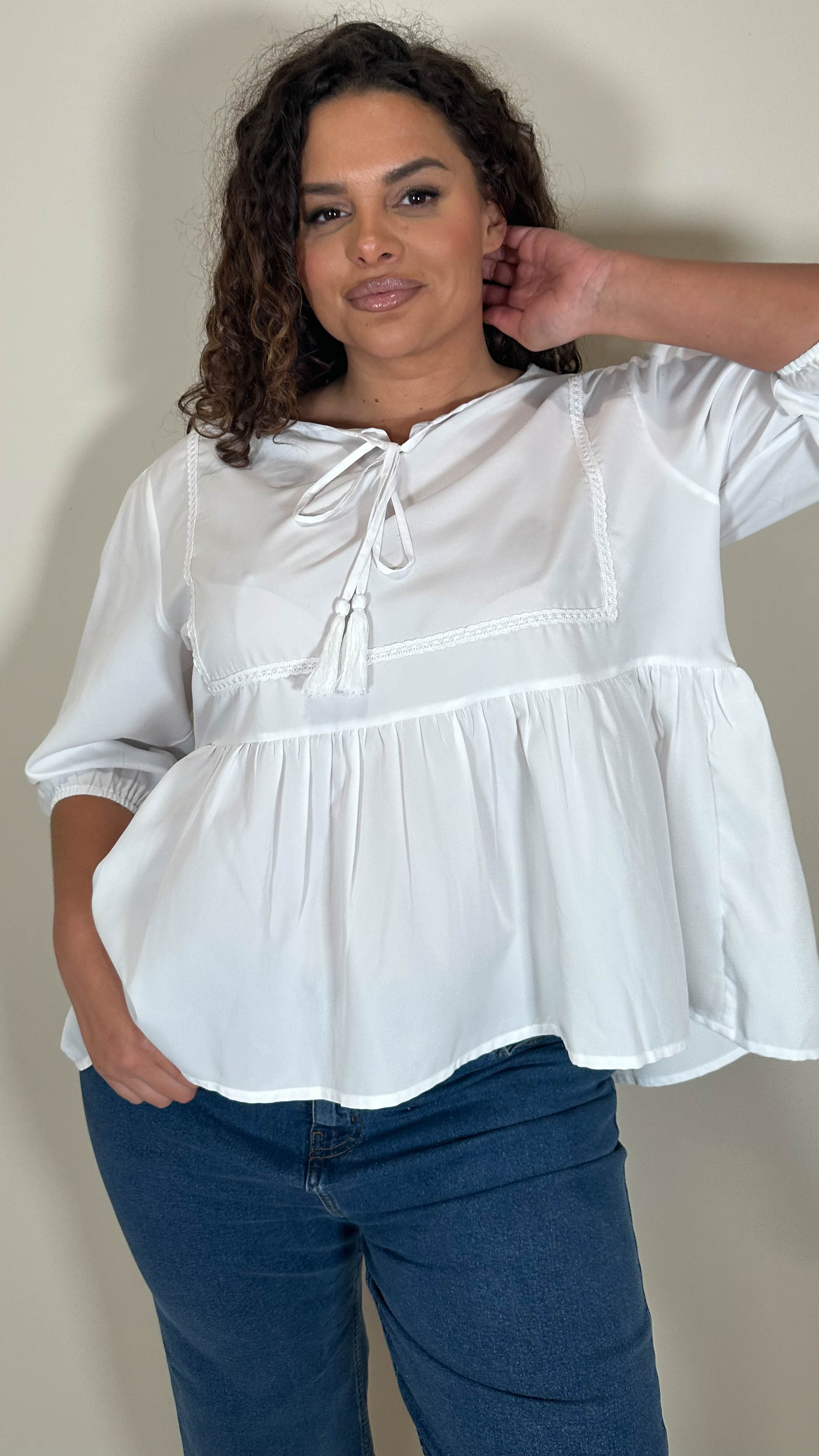 CurveWow Print Lace Insert Blouse White