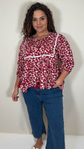 CurveWow Print Lace Insert Blouse Red Ditsy