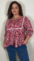 CurveWow Print Lace Insert Blouse Red Ditsy