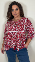 CurveWow Print Lace Insert Blouse Red Ditsy