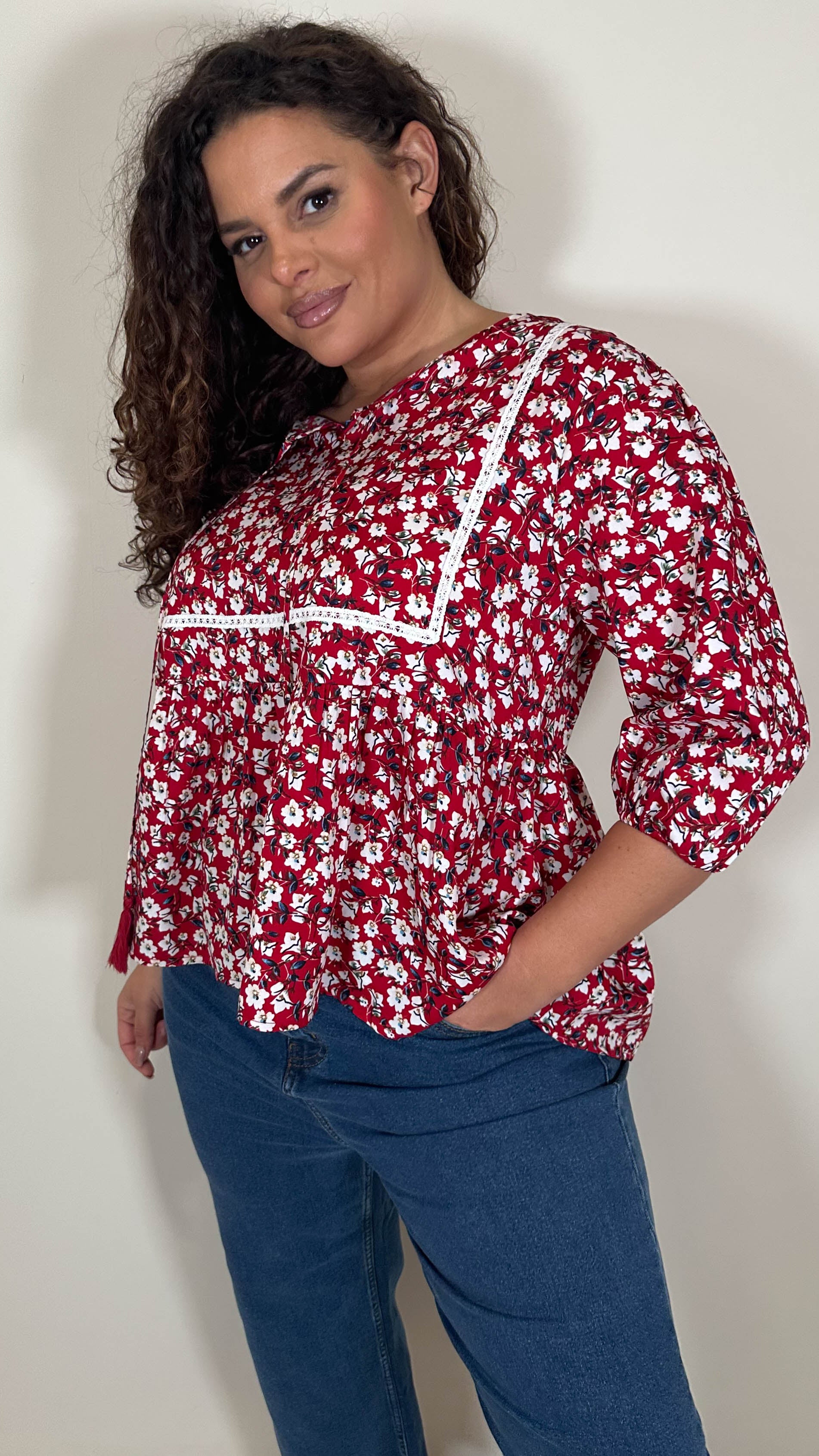 CurveWow Print Lace Insert Blouse Red Ditsy