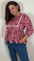CurveWow Print Lace Insert Blouse Red Ditsy