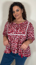 CurveWow Print Lace Insert Blouse Red Ditsy