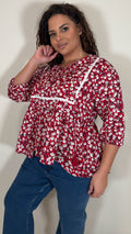 CurveWow Print Lace Insert Blouse Red Ditsy