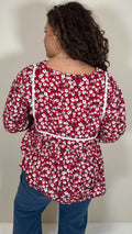 CurveWow Print Lace Insert Blouse Red Ditsy