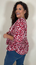 CurveWow Print Lace Insert Blouse Red Ditsy