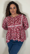 CurveWow Print Lace Insert Blouse Red Ditsy