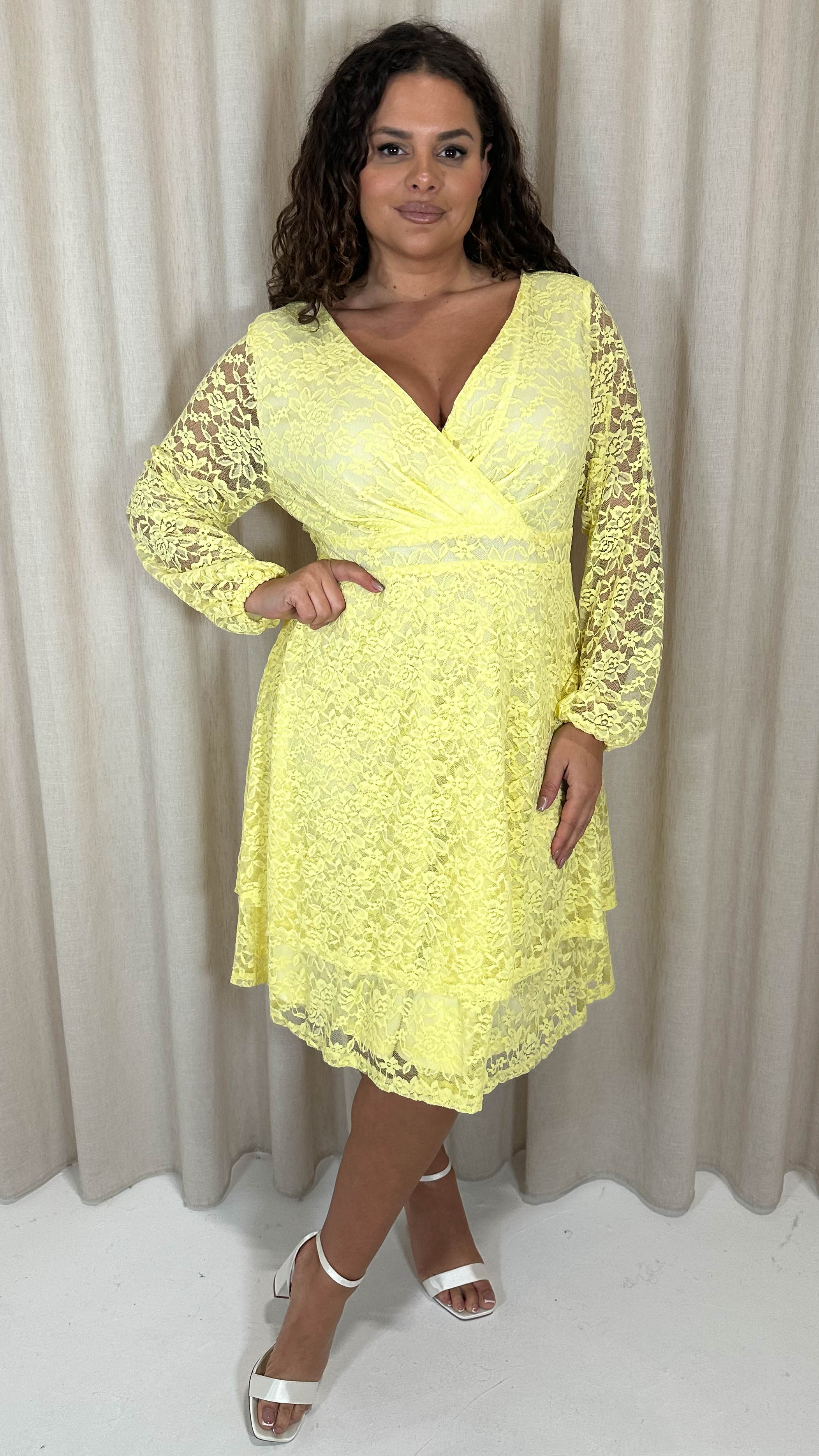 CurveWow Lace Plunge Ruffle Skater Dress Lemon Curvewow CurveWow Lace Plunge Ruffle Skater Dress Lemon Curvewow