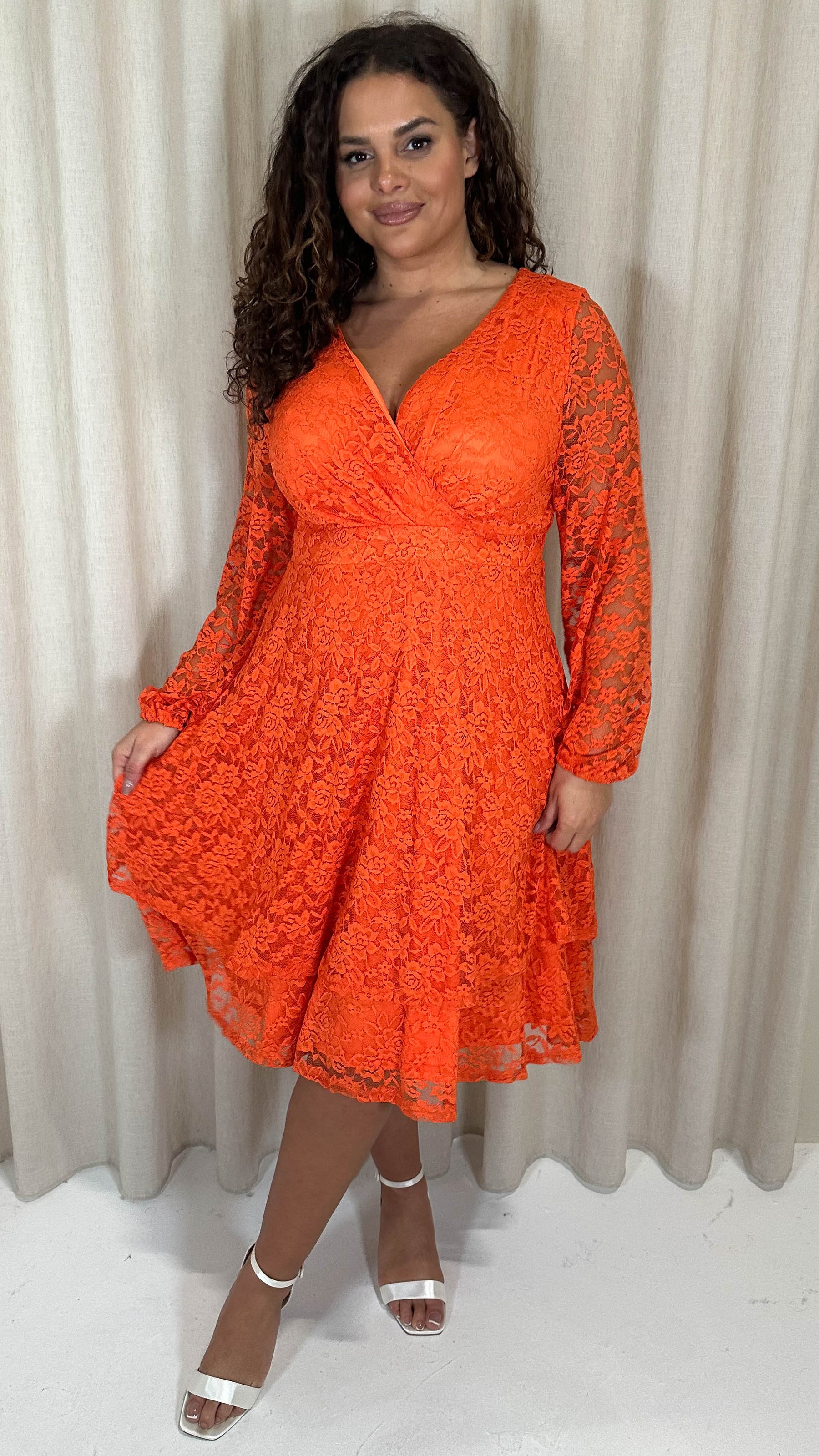 CurveWow Lace Plunge Ruffle Skater Dress Orange Curvewow CurveWow Lace Plunge Ruffle Skater Dress Orange Curvewow