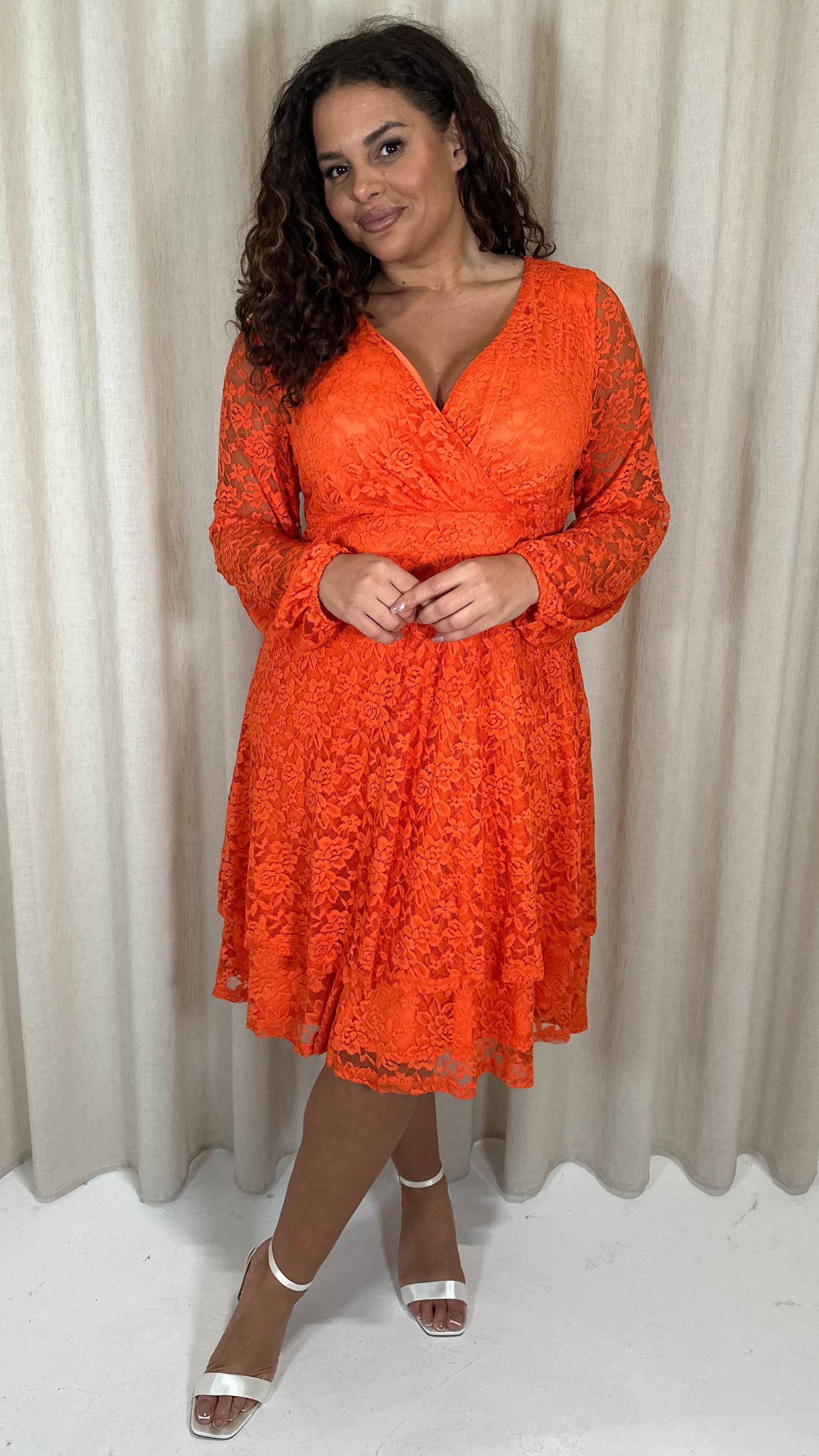 CurveWow Lace Plunge Ruffle Skater Dress Orange Curvewow CurveWow Lace Plunge Ruffle Skater Dress Orange Curvewow