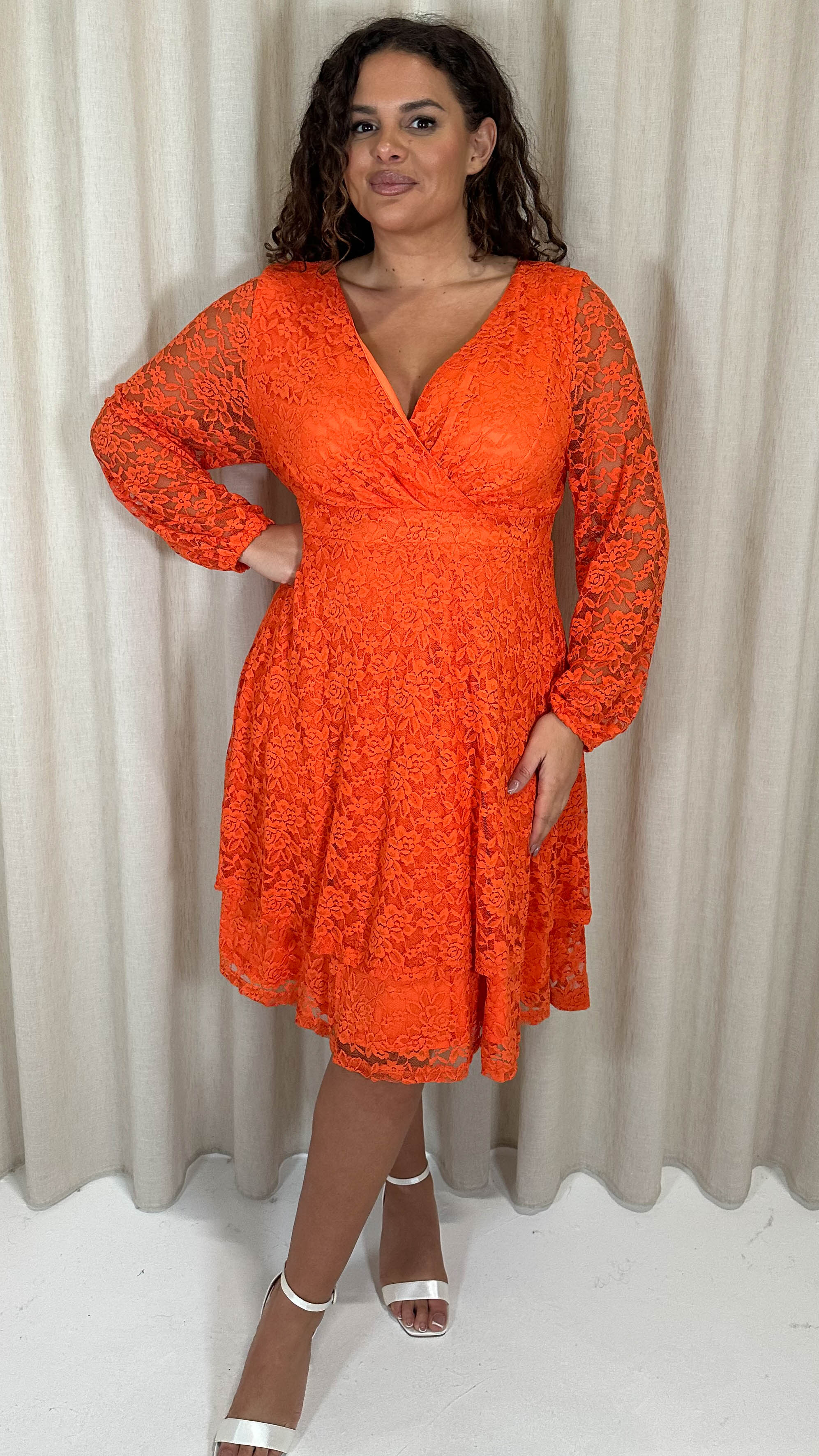 CurveWow Lace Plunge Ruffle Skater Dress Orange