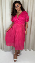 CurveWow V-Neck Lace Top Pleat Dress Fuchsia