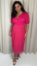 CurveWow V-Neck Lace Top Pleat Dress Fuchsia