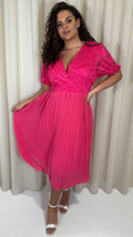 CurveWow V-Neck Lace Top Pleat Dress Fuchsia