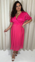 CurveWow V-Neck Lace Top Pleat Dress Fuchsia