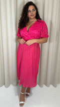 CurveWow V-Neck Lace Top Pleat Dress Fuchsia