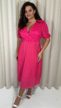 CurveWow V-Neck Lace Top Pleat Dress Fuchsia