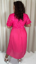 CurveWow V-Neck Lace Top Pleat Dress Fuchsia