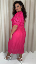 CurveWow V-Neck Lace Top Pleat Dress Fuchsia