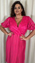 CurveWow V-Neck Lace Top Pleat Dress Fuchsia