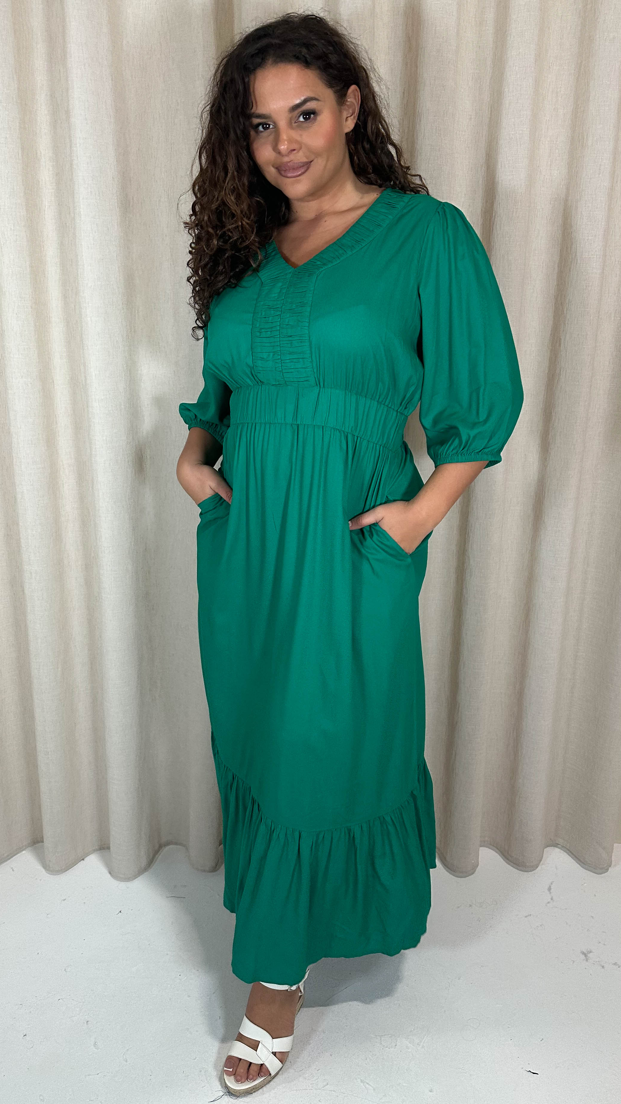 CurveWow Ruched Vneck Tiered Maxi Dress Green