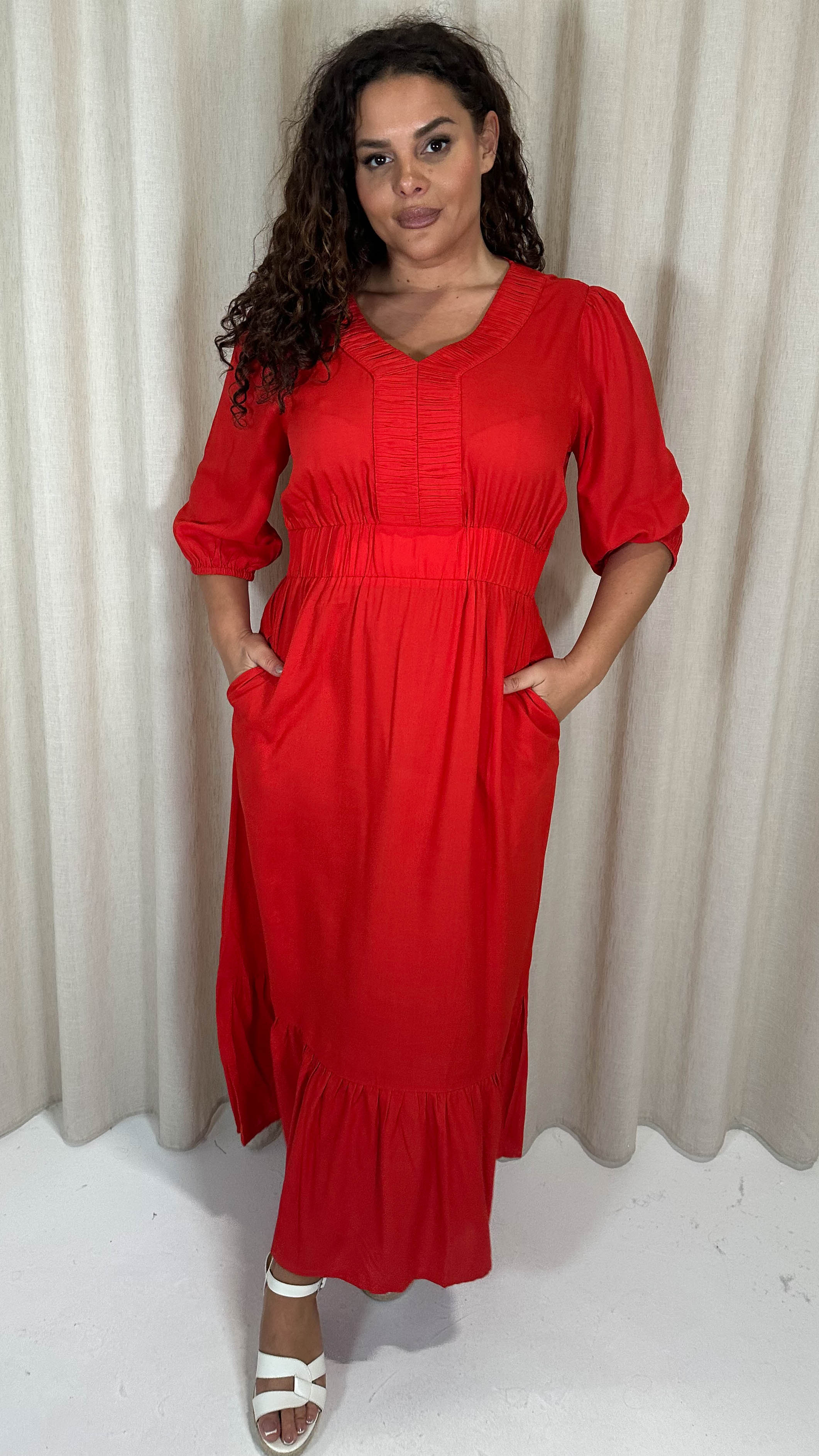 CurveWow Ruched Vneck Tiered Hem Maxi Dress Red