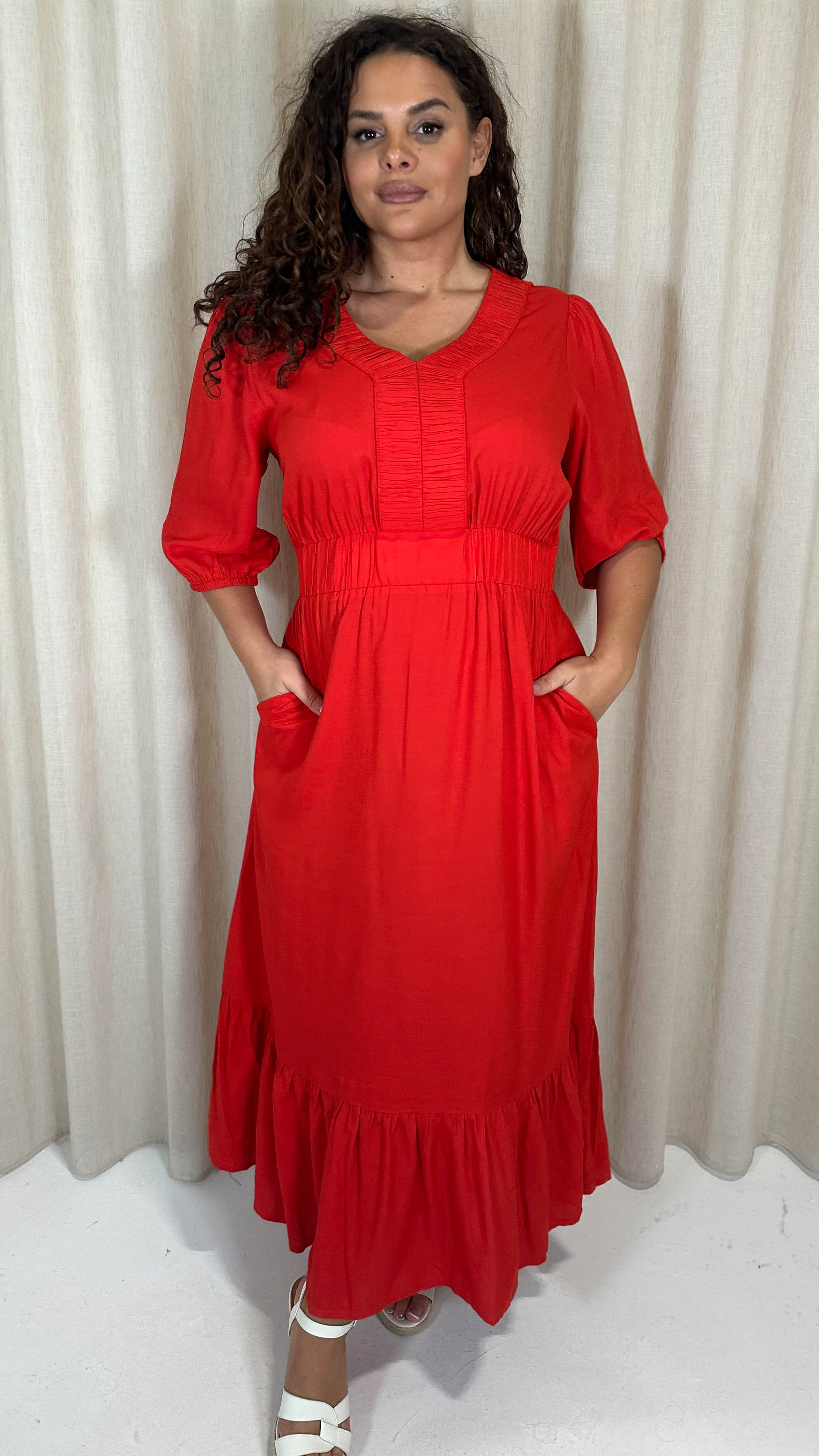 CurveWow Ruched Vneck Tiered Hem Maxi Dress Red