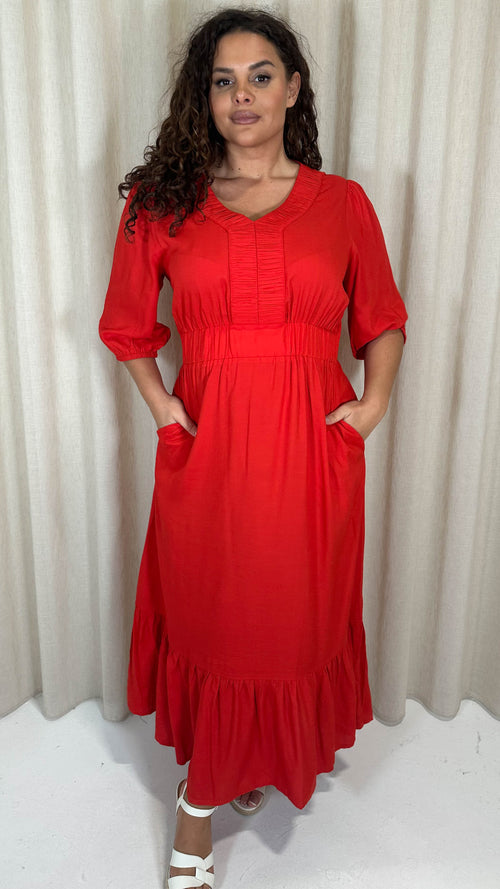 CurveWow Ruched Vneck Tiered Hem Maxi Dress Red