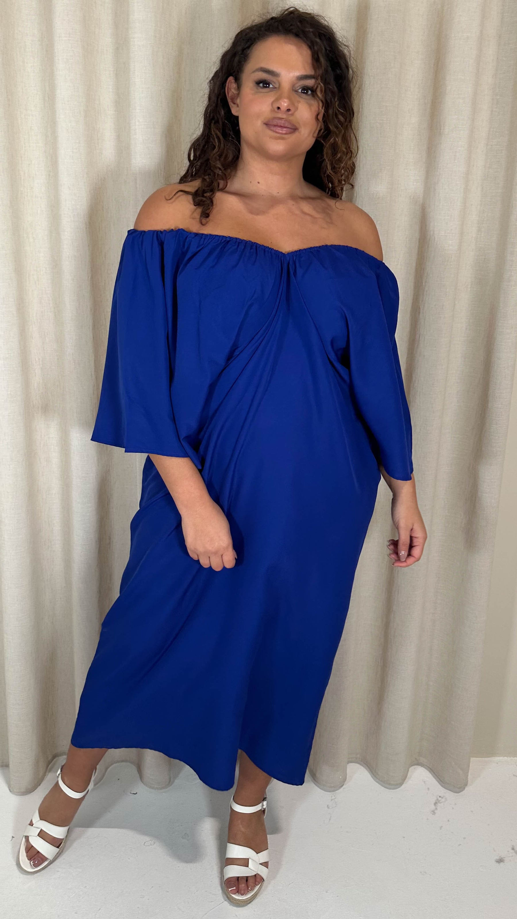 CurveWow Balloon Sleeve Kimono Midi Dress Blue Curvewow CurveWow Balloon Sleeve Kimono Midi Dress Blue Curvewow
