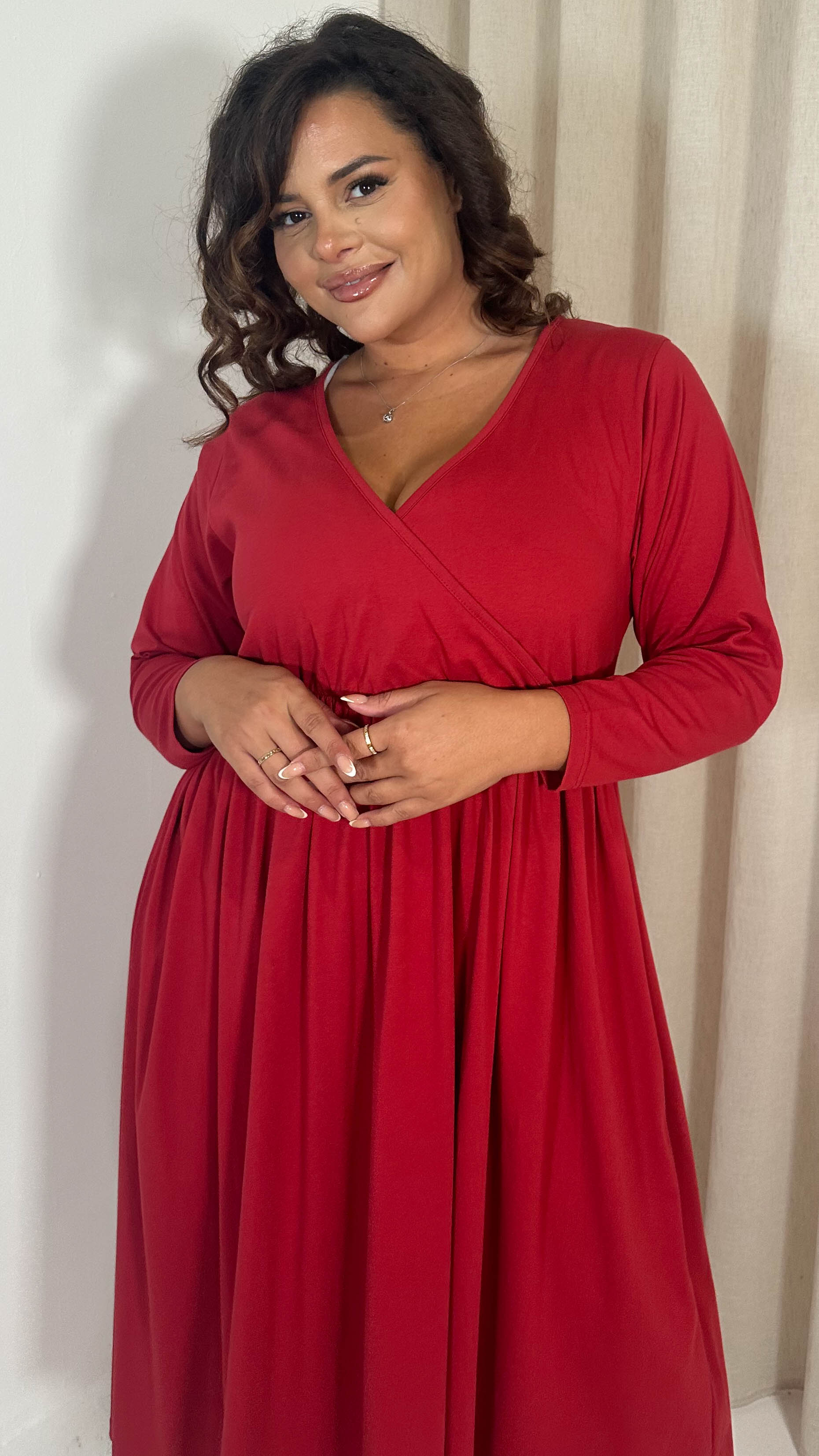 CurveWow Long Sleeve Wrap Midi Dress Red