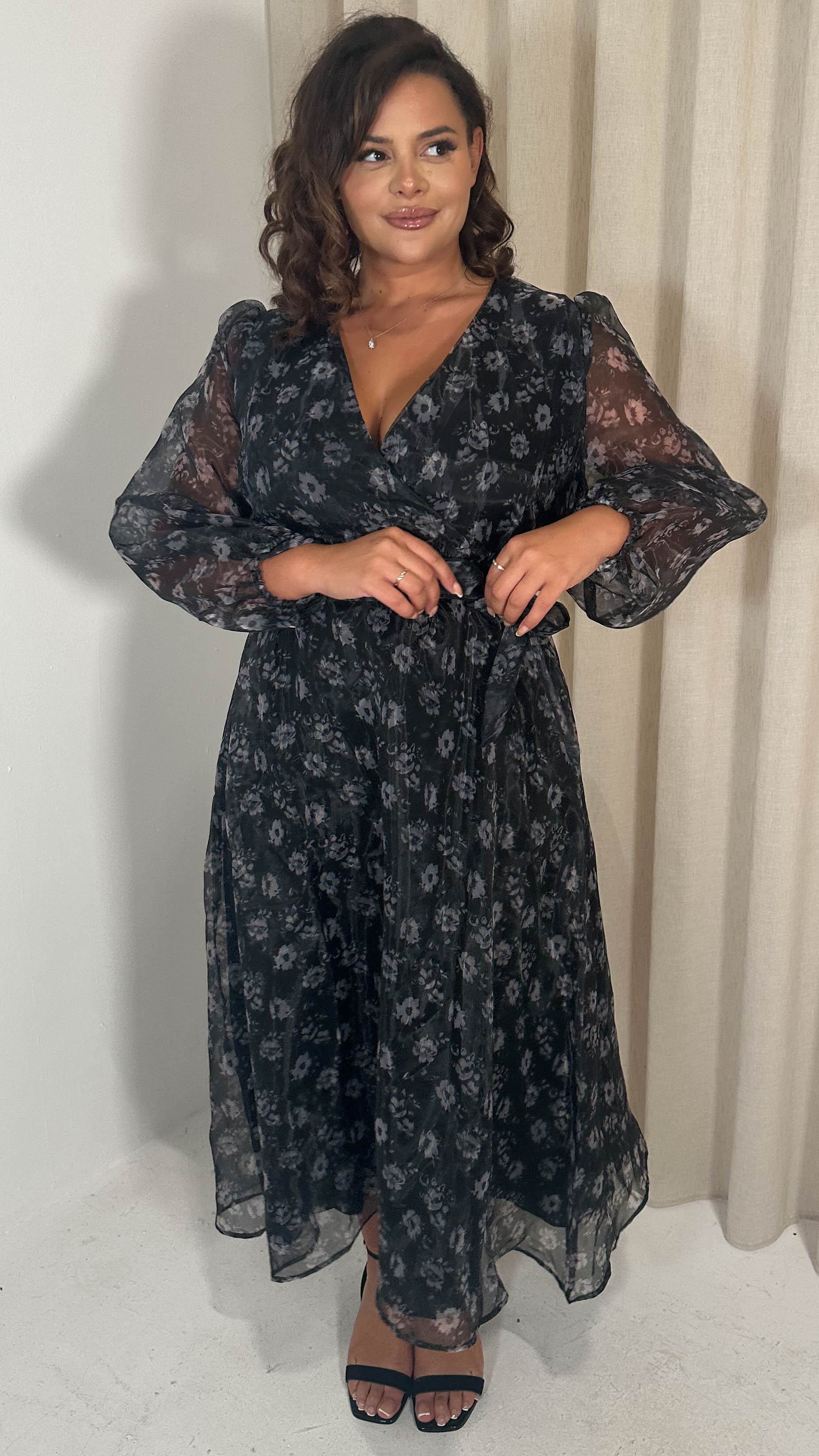 CurveWow Full Organza Printed Wrap Dress Black Floral