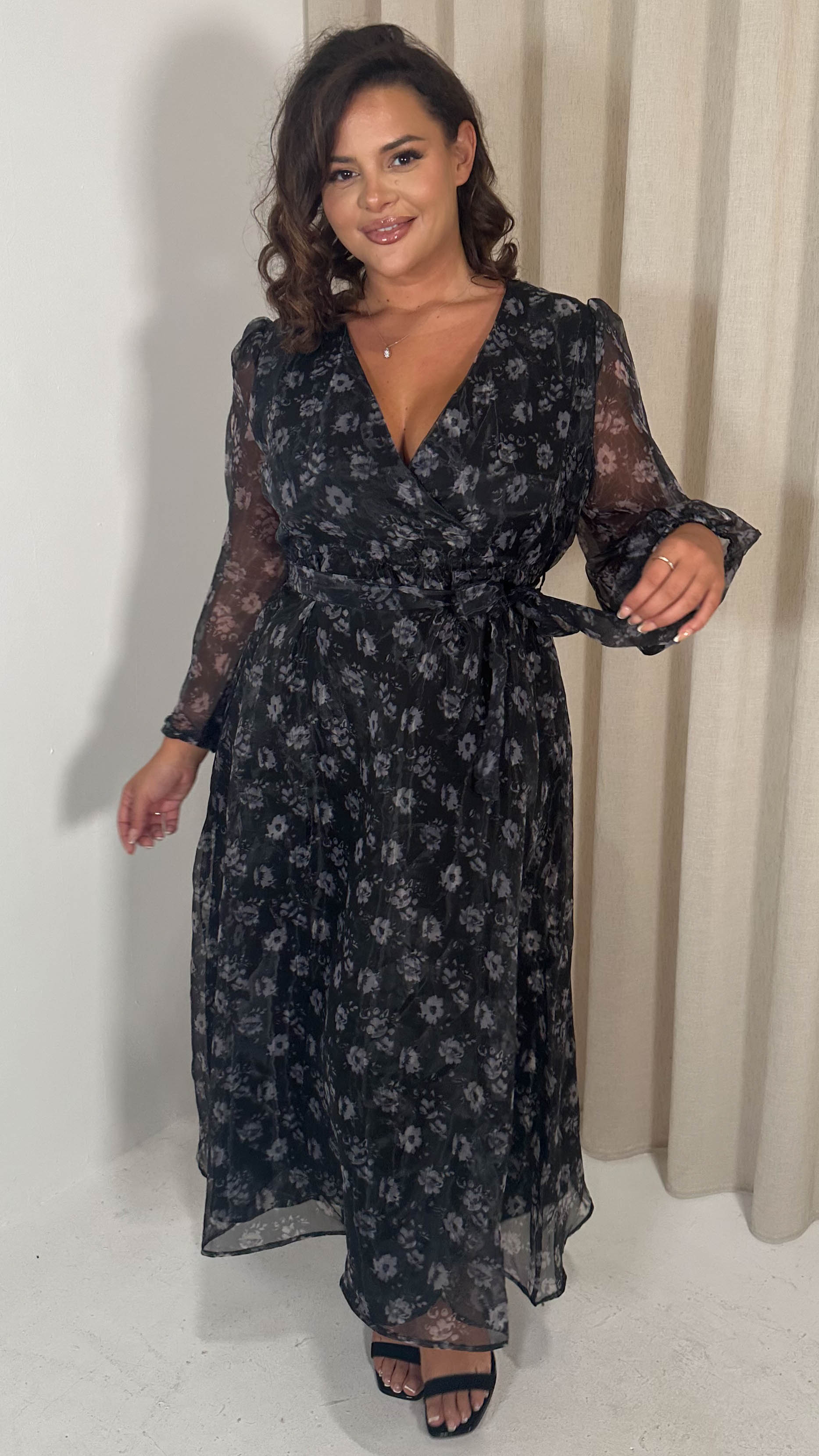 CurveWow Full Organza Printed Wrap Dress Black Floral