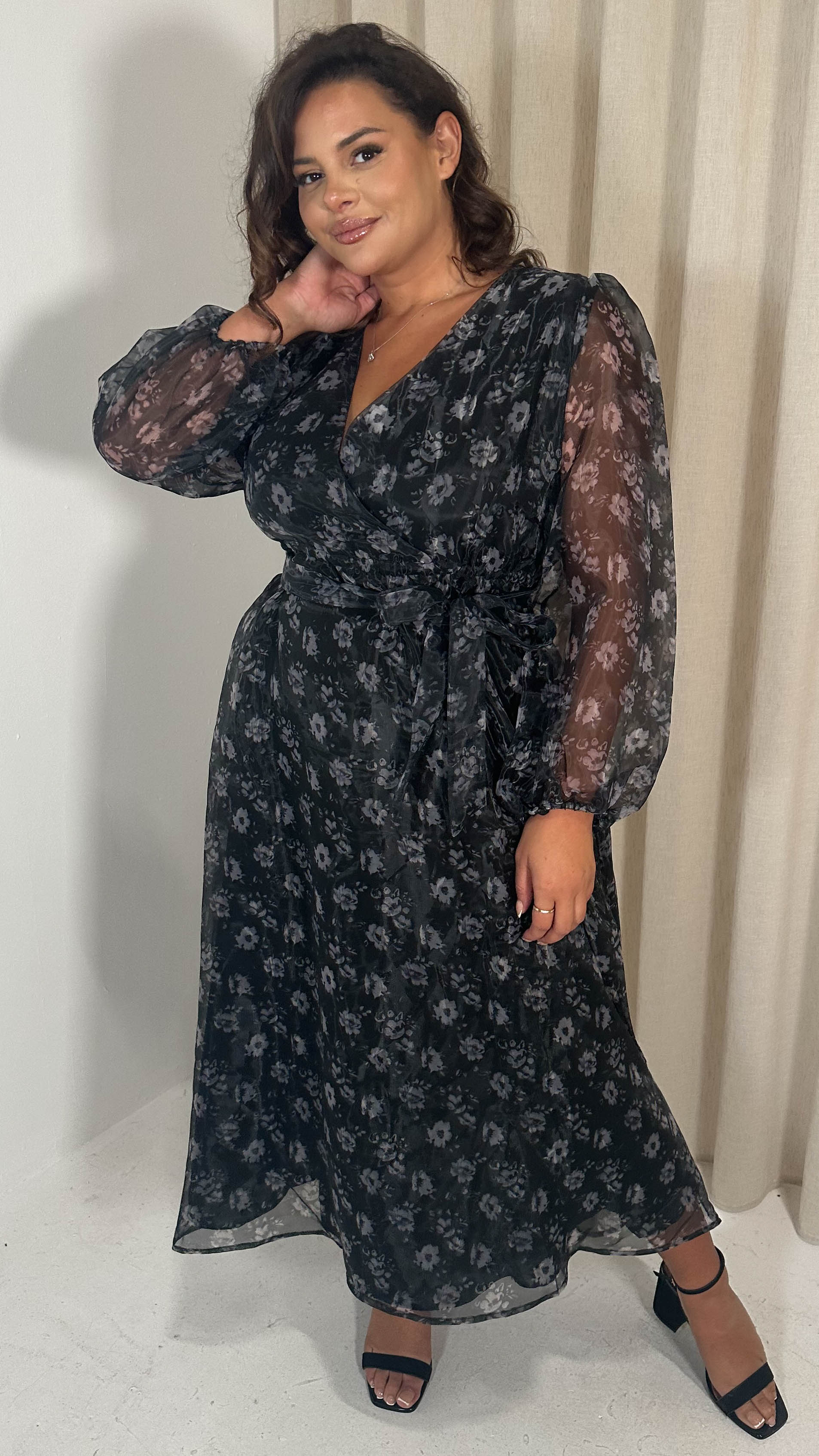 CurveWow Full Organza Printed Wrap Dress Black Floral